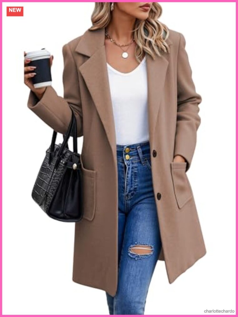 Women Wool Blend Peacoat Mid-Length Overcoat with Pockets Lapel Collar